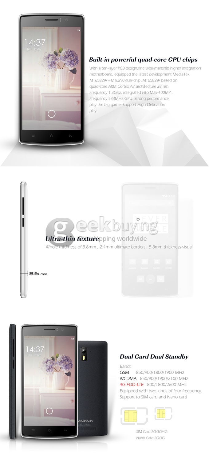 LANDVO L200S 5.0Inch IPS HD MTK6582 Quad Core 1.3GHz Smartphone Android 4.4 1GB RAM 8GB ROM 8MP 2MP Dual SIM 4G - White