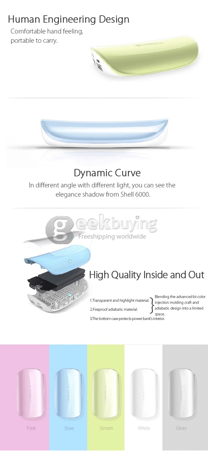 Vorson Shell Dual USB 6000mAh Power Bank External Battery 1.2A for iPhone iPad Smartphone Tablet - Cream Color