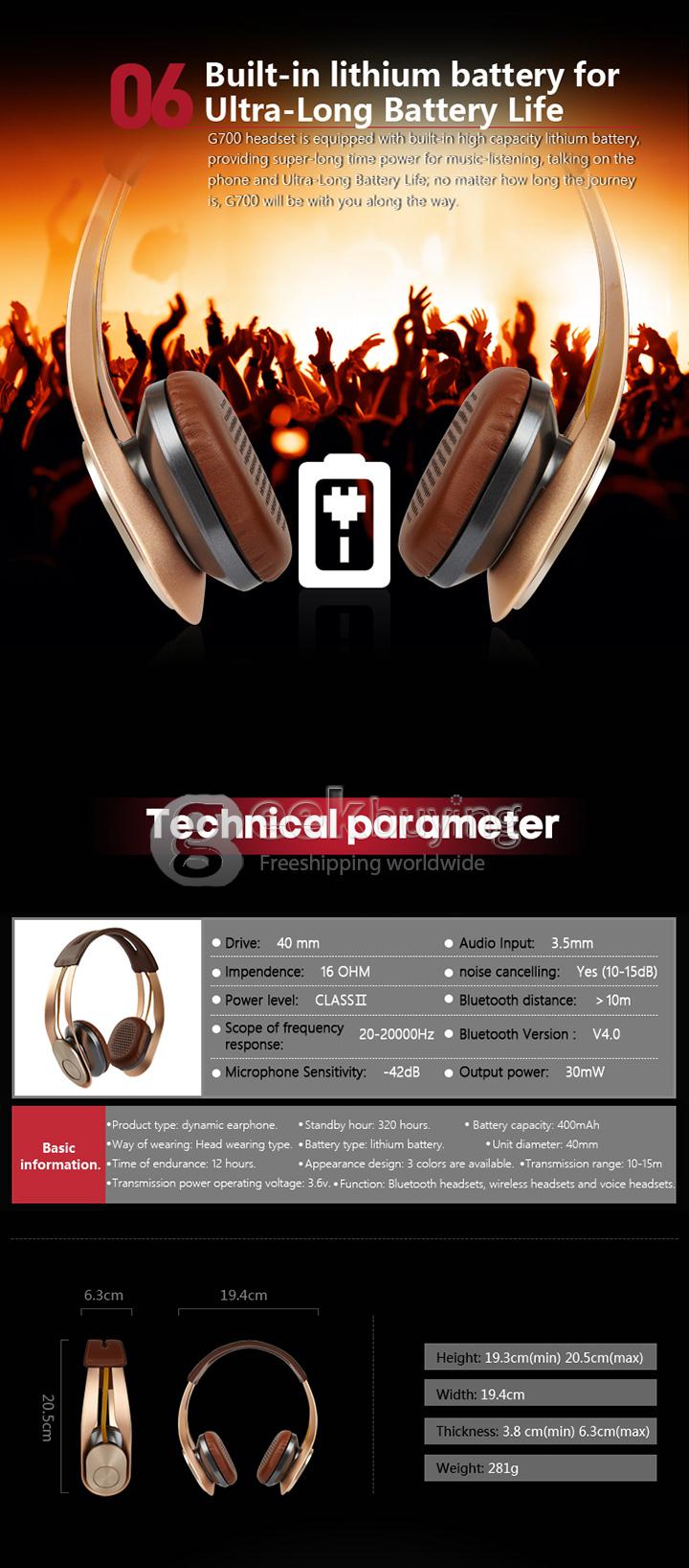 Syllable G700 Metal Wireless Bluetooth 4.0 Headphone Headset with NFC Fuction Bass Built-in Mic / 40mm Speaker - Red