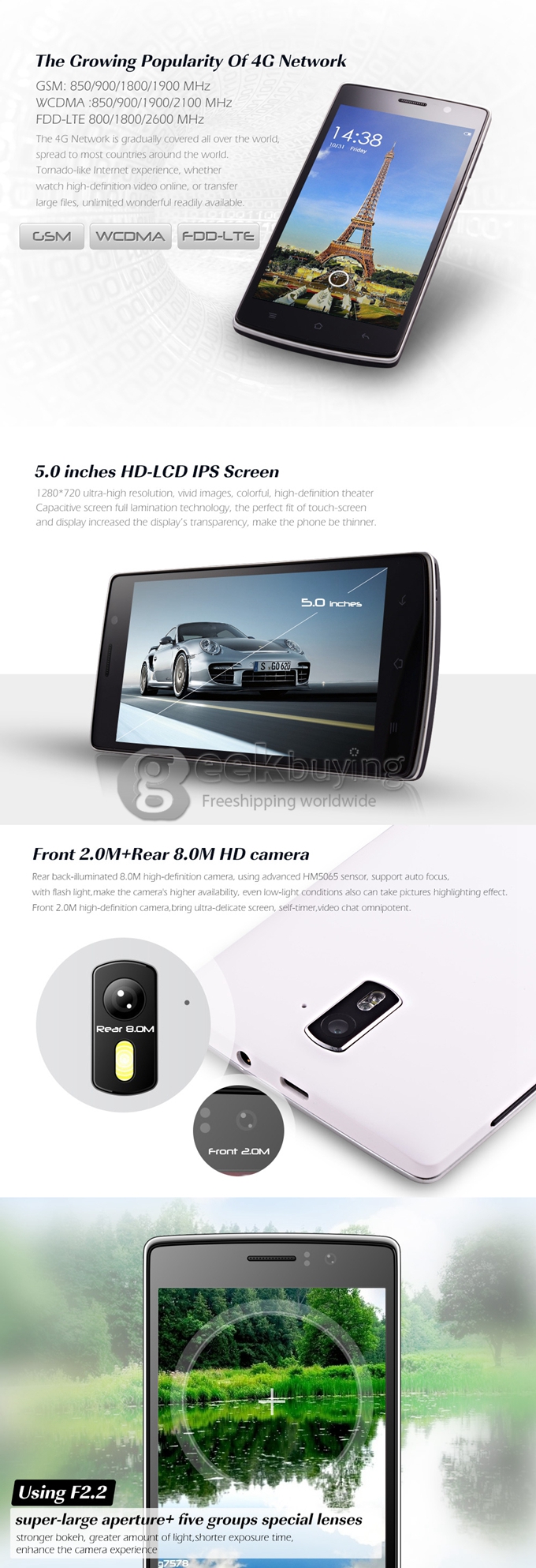 LANDVO L200S 5.0Inch IPS HD MTK6582 Quad Core 1.3GHz Smartphone Android 4.4 1GB RAM 8GB ROM 8MP 2MP Dual SIM 4G - White