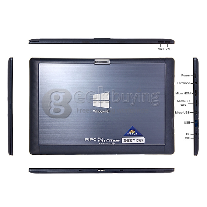 PIPO W3 Windows 8.1 Intel Z3775D Quad Core 2.4 GHz 10.1 Inch 2GB/64GB Tablet PC IPS 1920*1200 WiFi HDMI Bluetooth - Black