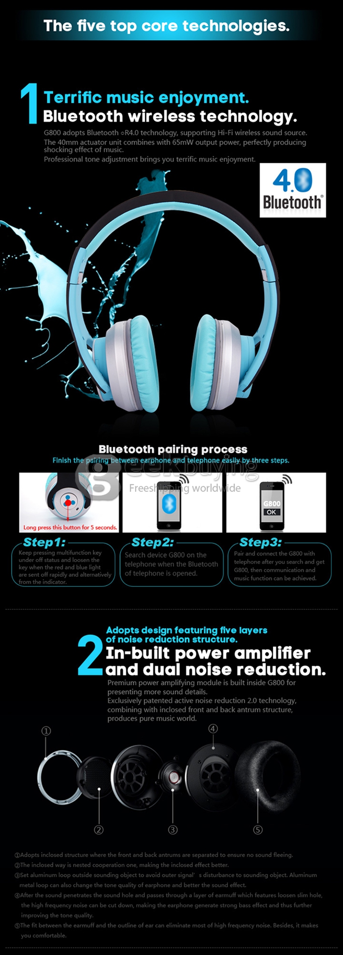 Syllable G800 HIFI Wireless Bluetooth 4.0 Headphones Noise Cancelling Deep Bass Built-in Mic/40mm Speaker - Blue