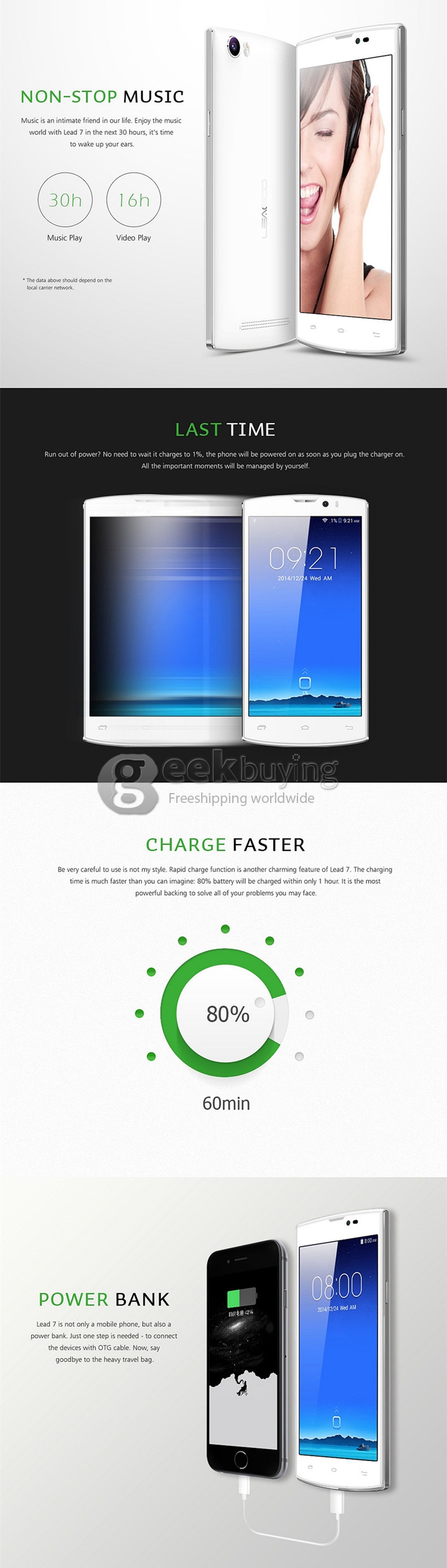 Leagoo Lead 7 5.0Inch Android 4.4 Smartphone MTK6582 Quad Core 1GB/8GB IPS JDI HD Screen 13.0MP 4500mAh Battery - Black