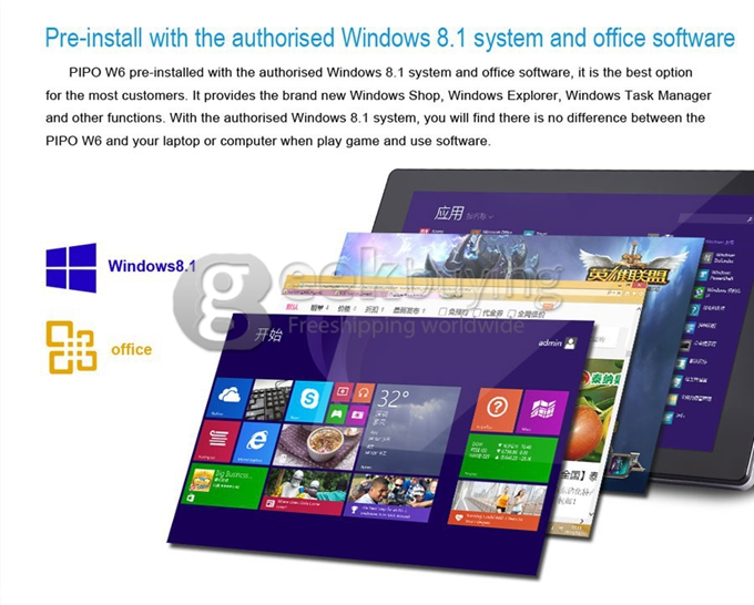 PIPO W6 3G Intel Baytrail-T Z3735F Quad Core 8.9 Inch Tablet PC Windows 8.1 1920*1200 IPS 2GB/32GB Bluetooth - Black
