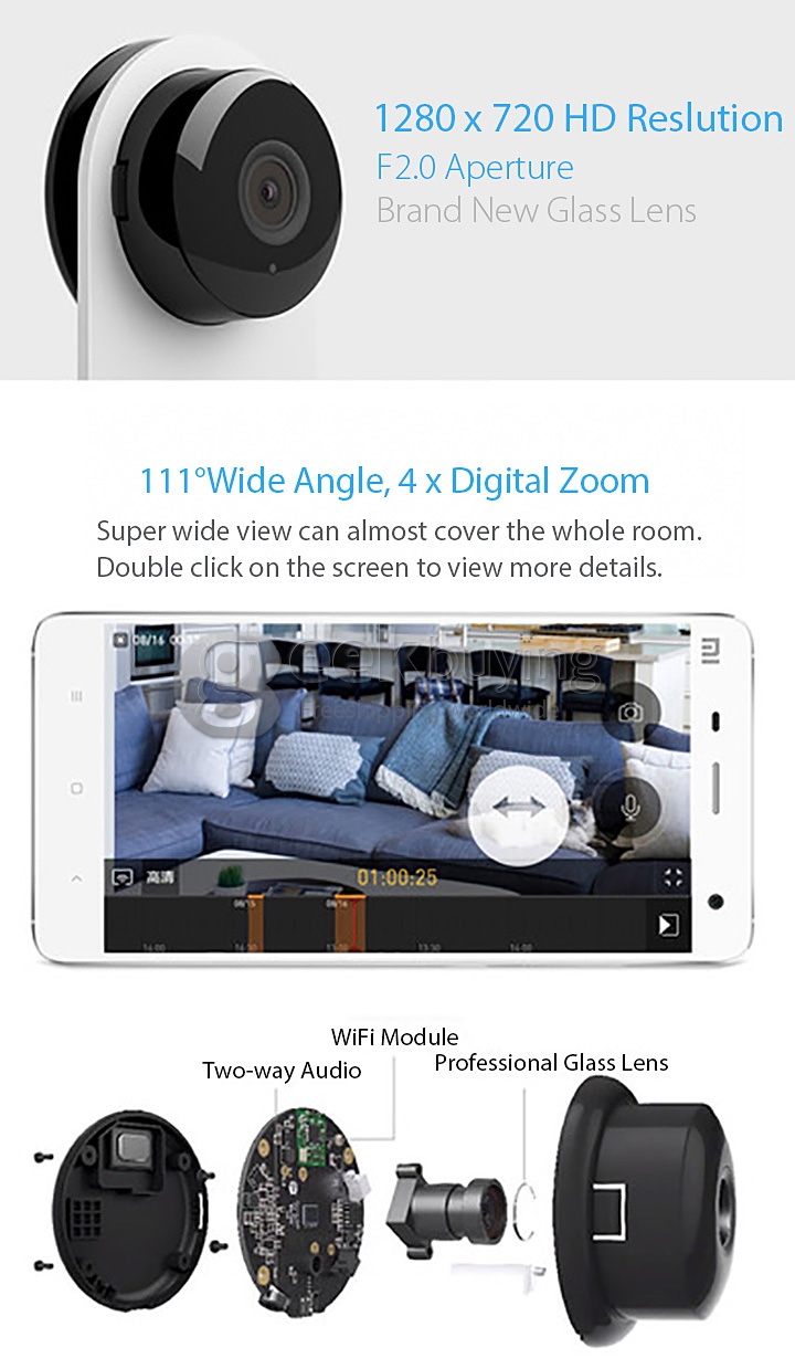 Original Xiaoyi Smart CMOS Camera 1280 x 720 Wireless Control Mini Webcam for iOS Andriod Smartphone PC - White