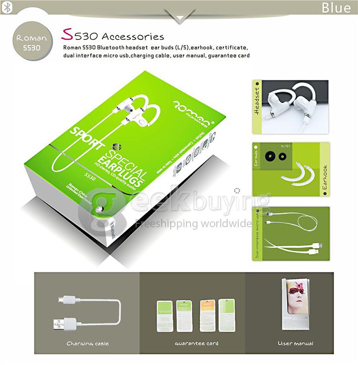 ROMAN S530 Wireless Bluetooth Headphone 4.0 Sports Sweatproof Earbuds Headset Headphone for iPhone6 Samsung - White
