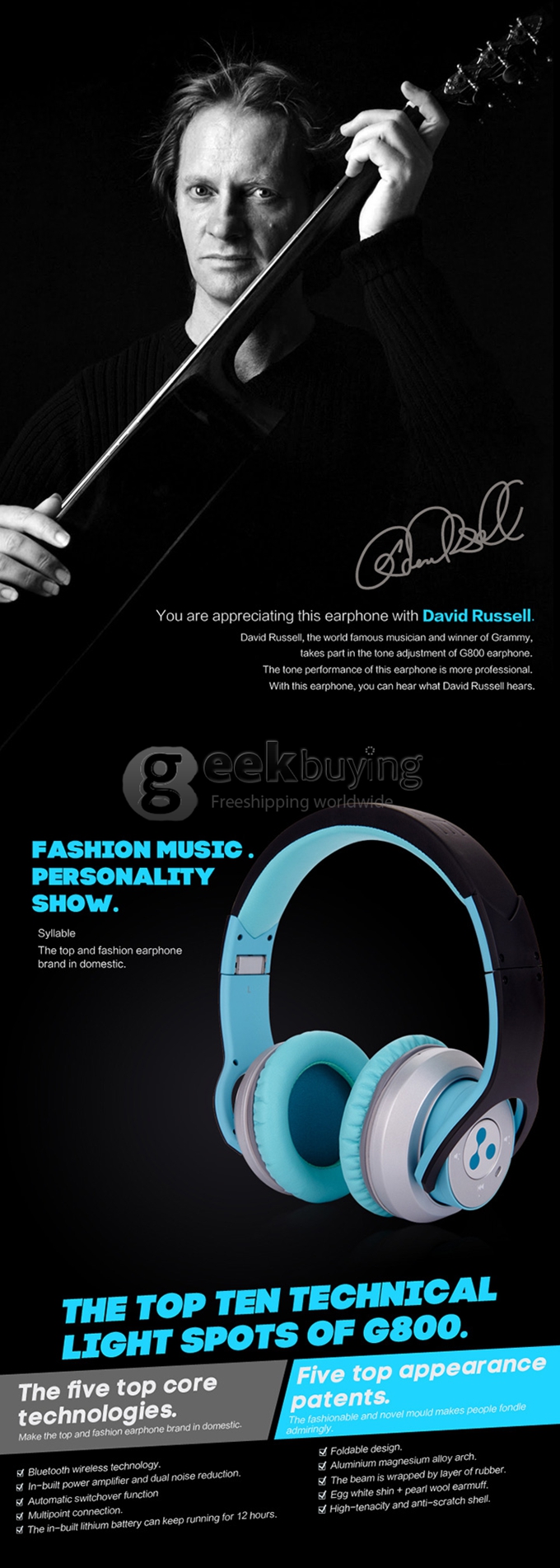 Syllable G800 HIFI Wireless Bluetooth 4.0 Headphones Noise Cancelling Deep Bass Built-in Mic/40mm Speaker - Blue