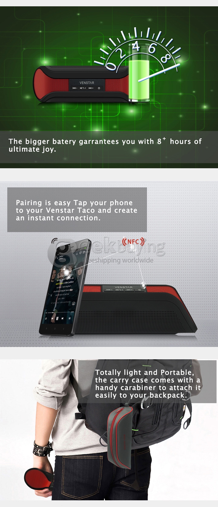 VENSTAR Taco Portable Wireless Outdoor Sport NFC Bluetooth V3.0 Speakers with 1400mAh Rechargeable Battery - Black + Red