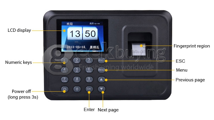 A6 2.4 TFT Fingerprint Time Attendance Clock Employee Payroll Recorder USB - Black