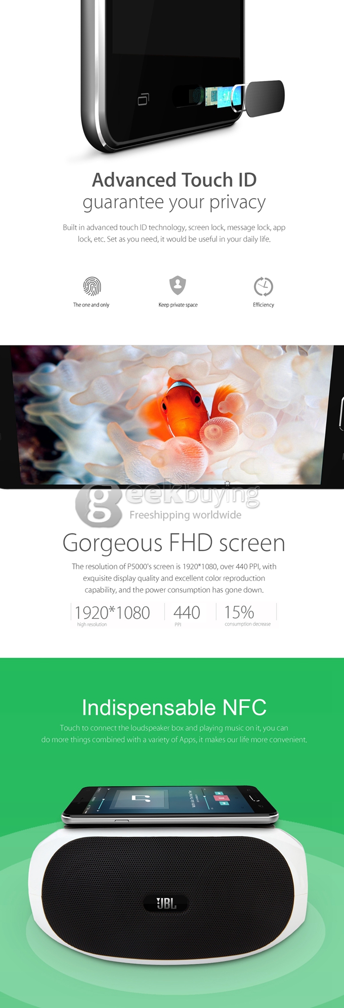 Elephone P5000 5350mAh 5.0Inch Android 4.4 Smartphone FHD OGS MTK6592 Octa Core 1.7GHz 16MP Fingerprint ID OTG NFC-Black