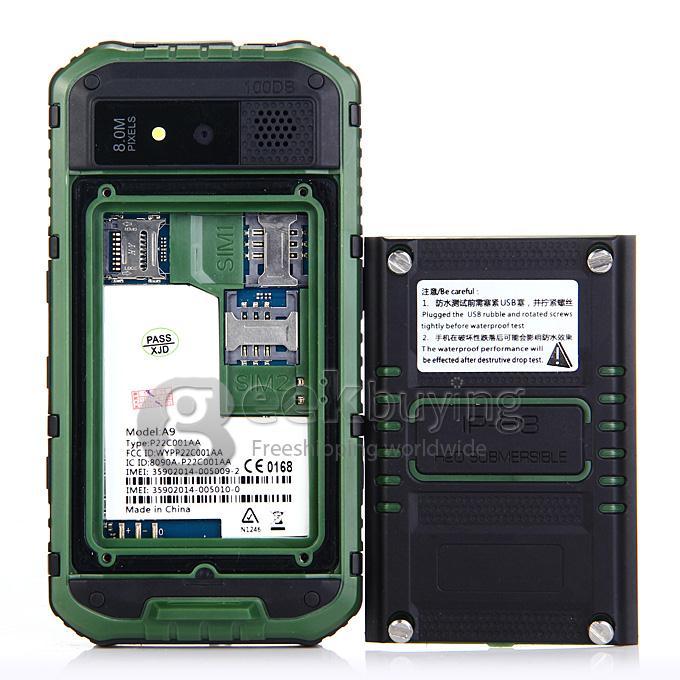 A9 IP68 Android Smartphone Waterproof MTK6582 Quad Core 1.3GHz 4.3 Inch 1GB RAM 8GB ROM 8.0MP 3G GPS OTG- Green