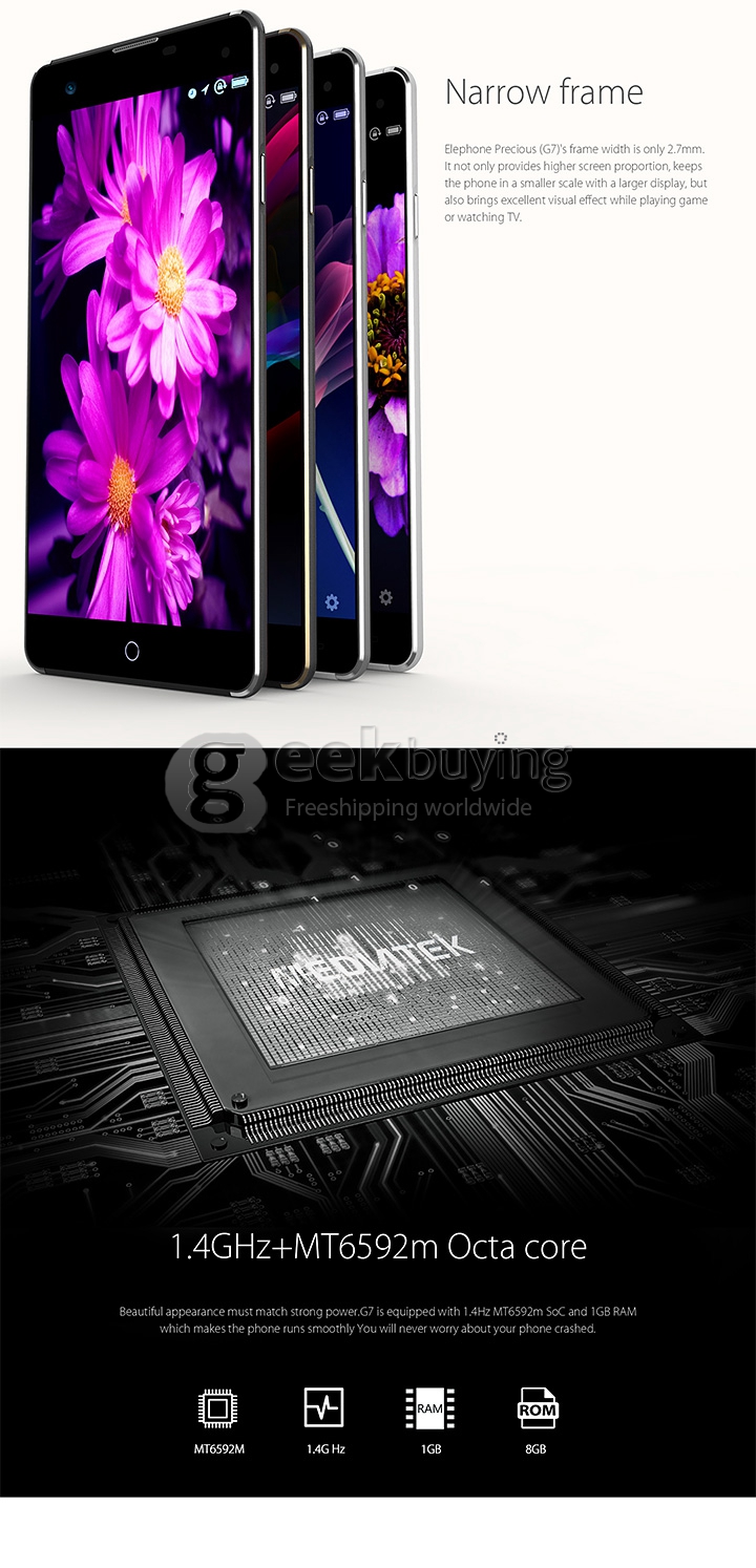 Elephone G7 5.5 Inch 1280*720 MTK6592M Octa Core 1.4GHz Smartphone Android 4.4 1GB 8GB 13.0MP 8.0MP IPS HD Screen-Gold