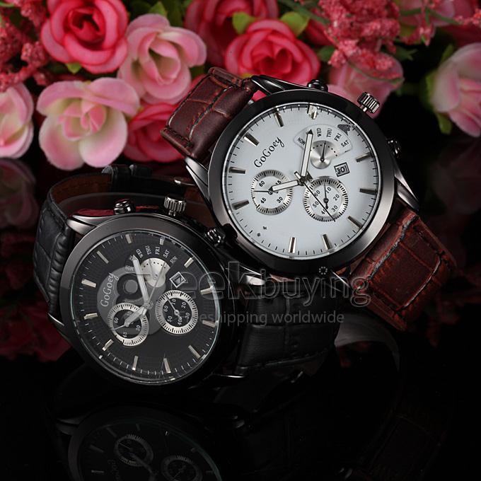 GOGO 1891 Men's Fashion Black Dial Brown Crocodile Leather Band Analog Quartz Watch