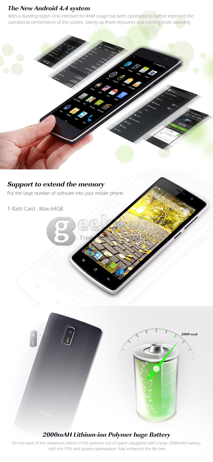 LANDVO L200S 5.0Inch IPS HD MTK6582 Quad Core 1.3GHz Smartphone Android 4.4 1GB RAM 8GB ROM 8MP 2MP Dual SIM 4G - White