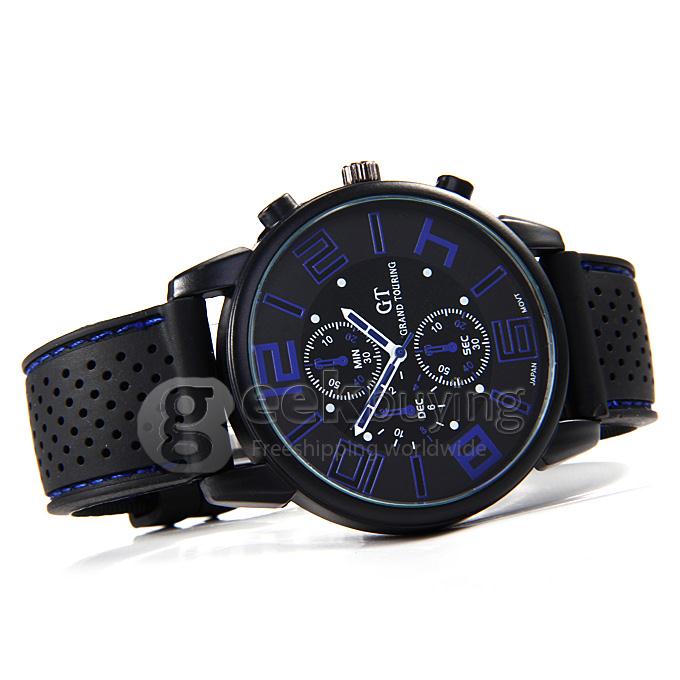 GT Men's Fashion Round Dial PU Band Analog Japanese Quartz Wrist Watch - Dark Blue
