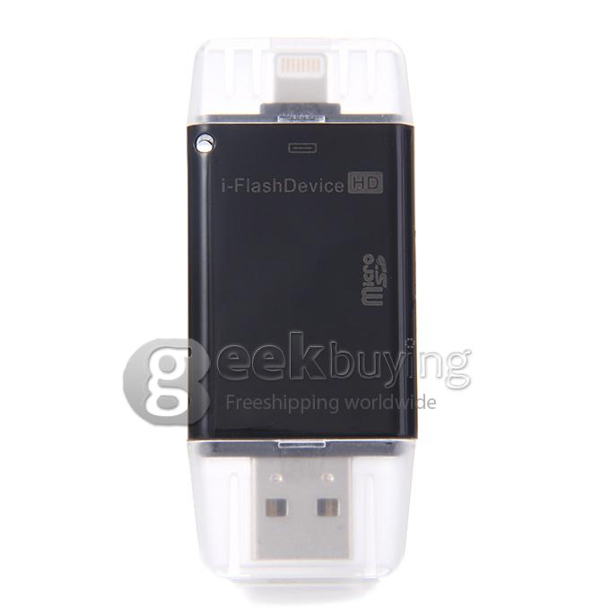 USB i-Flash Device TF SD Card Reader with 8-pin Port for iPhone 5 5S 5C 6 6 plus iOS - Black