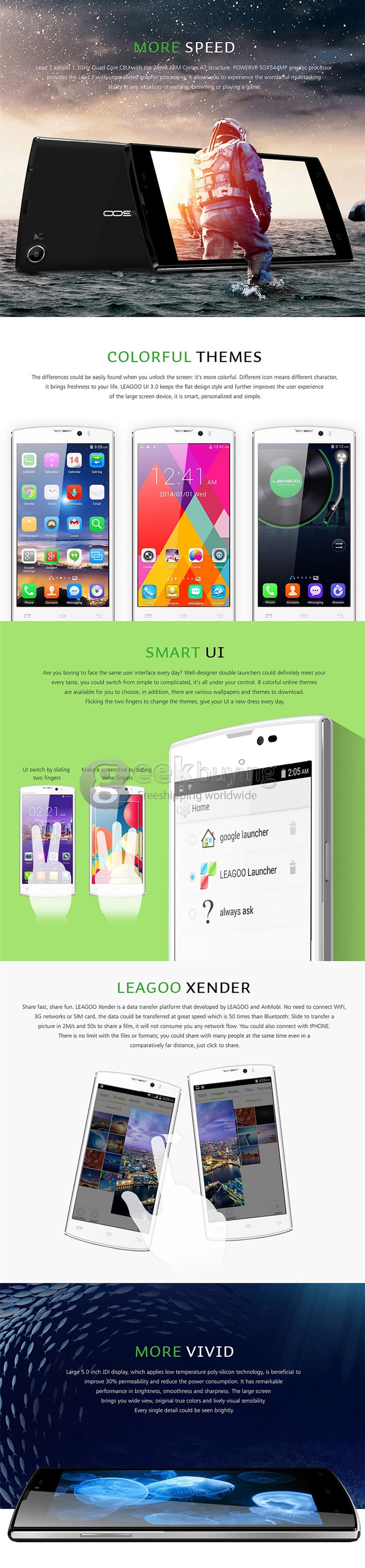 Leagoo Lead 7 5.0Inch Android 4.4 Smartphone MTK6582 Quad Core 1GB/8GB IPS JDI HD Screen 13.0MP 4500mAh Battery - Black