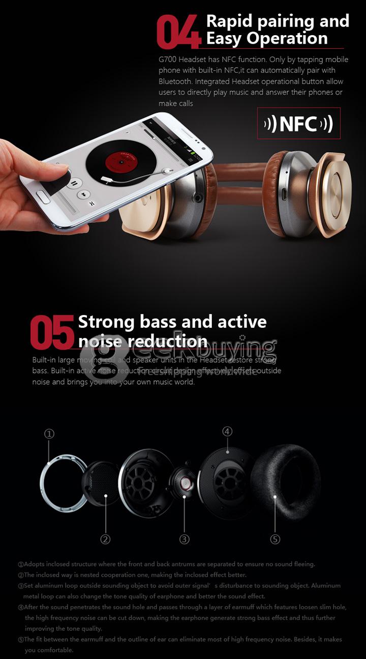Syllable G700 Metal Wireless Bluetooth 4.0 Headphone Headset with NFC Fuction Bass Built-in Mic / 40mm Speaker - Red