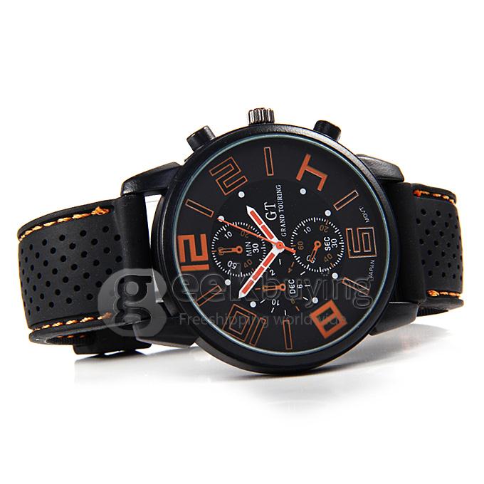 GT Men's Fashion Round Dial PU Band Analog Japanese Quartz Wrist Watch - Orange