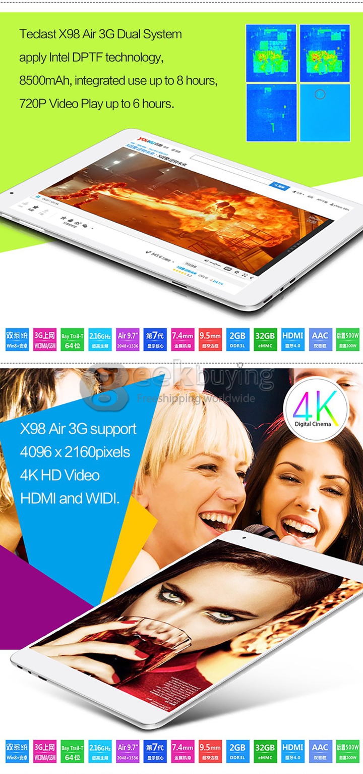 Teclast X98 Air 3G Dual OS 2GB/32GB Phablet Android4.4 & Windows8.1 Phone Call Tablet PC Intel Z3736F Quad Core 2.16GHz 9.7 Inch IPS Retina 2048*1536 GPS OTG - White+Gray
