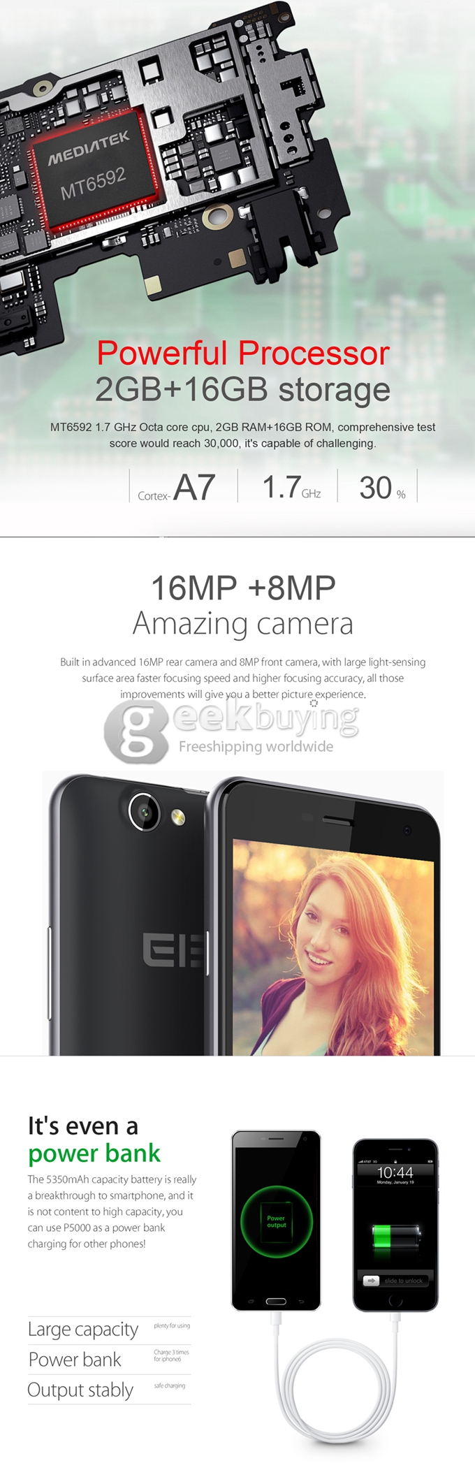 Elephone P5000 5350mAh 5.0Inch Android 4.4 Smartphone FHD OGS MTK6592 Octa Core 1.7GHz 16MP Fingerprint ID OTG NFC-Black