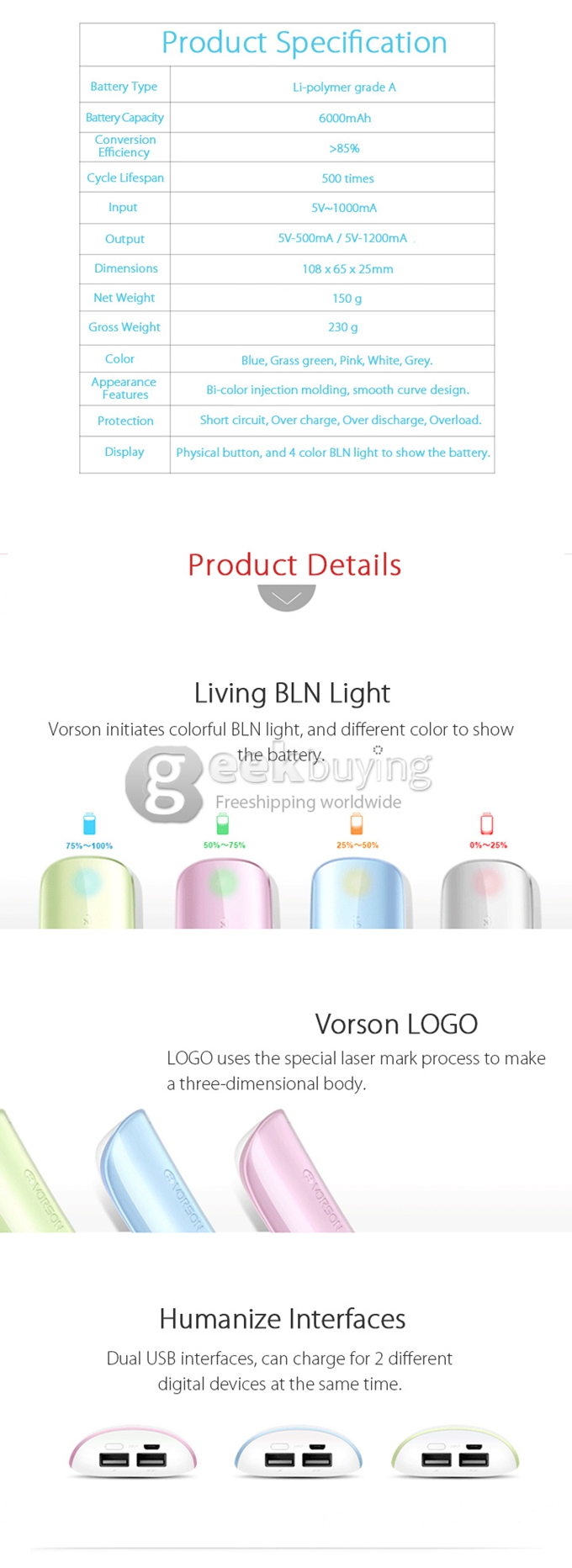 Vorson Shell Dual USB 6000mAh Power Bank External Battery 1.2A for iPhone iPad Smartphone Tablet - Cream Color