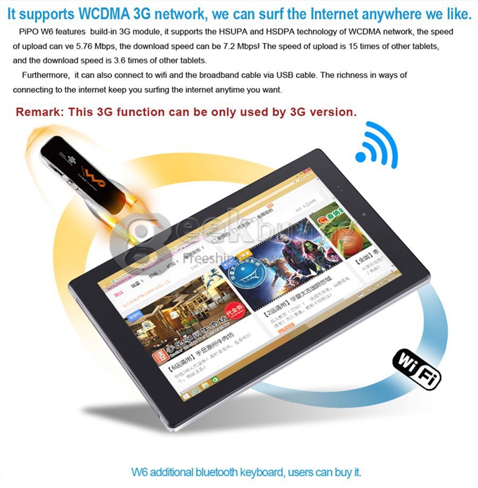 PIPO W6 3G Intel Baytrail-T Z3735F Quad Core 8.9 Inch Tablet PC Windows 8.1 1920*1200 IPS 2GB/32GB Bluetooth - Black