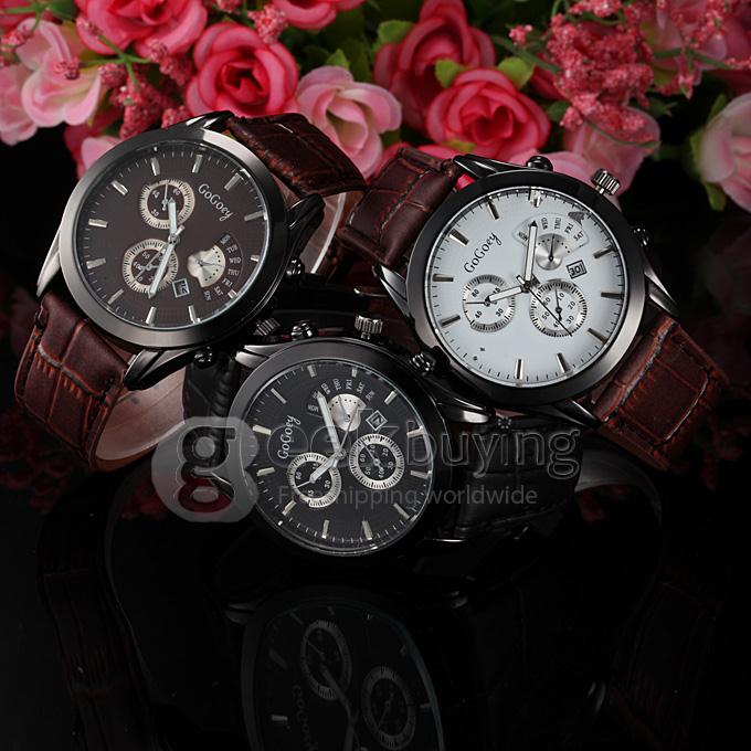 GOGO 1891 Men's Fashion White Dial Brown Crocodile Leather Band Analog Quartz Watch