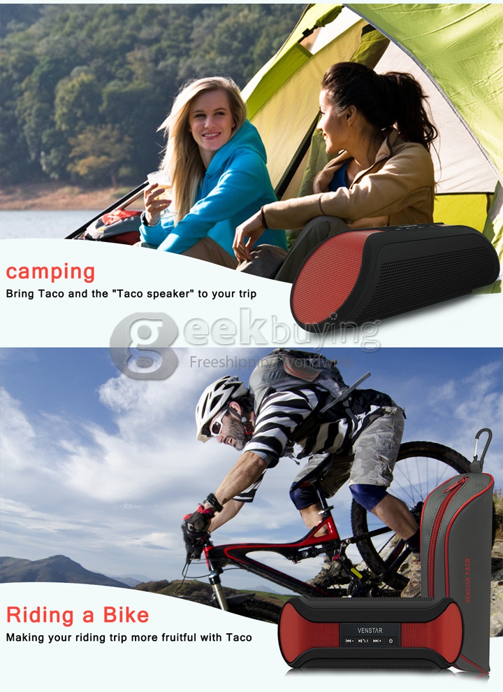VENSTAR Taco Portable Wireless Outdoor Sport NFC Bluetooth V3.0 Speakers with 1400mAh Rechargeable Battery - Black + Red