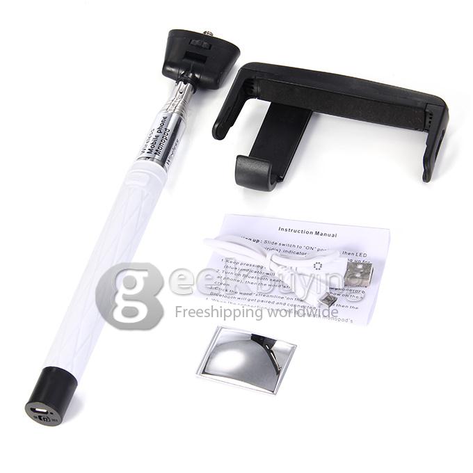 D09 Wireless Bluetooth Selfie Stick Monopod with Mirror for iPhone Galaxy Android - White