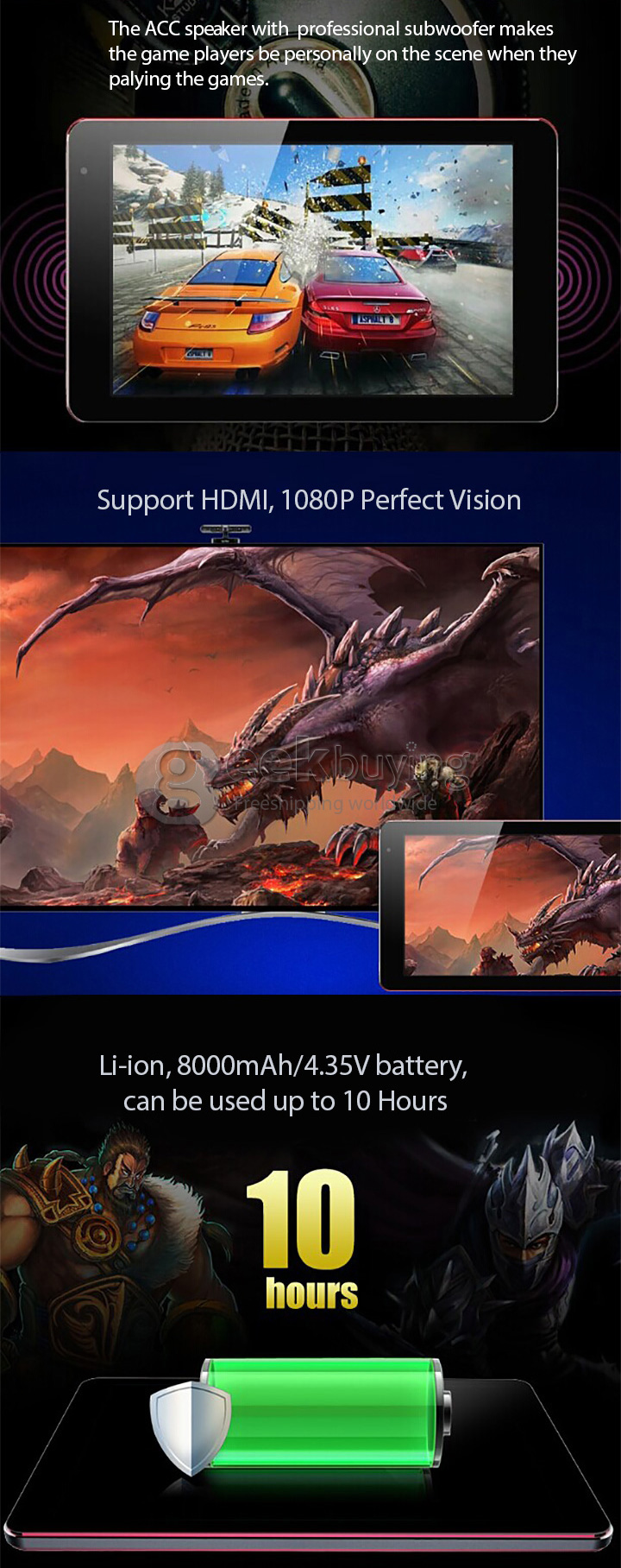 Ramos i9s Intel ATOM Z3735F Quad Core 8.9 Inch Games Tablet PC Android 4.4 OS 2GB/32GB 1920*1200 BT GPS - Black