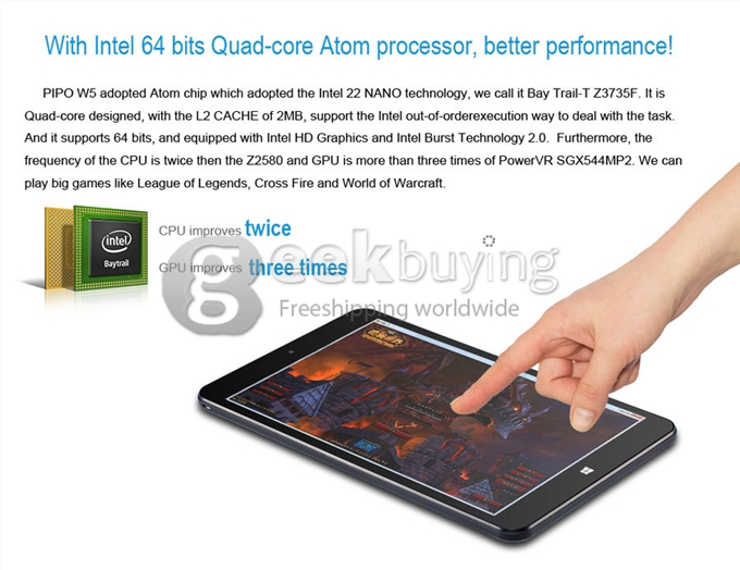 PIPO W5 Intel Z3735G Quad Core 8 Inch Tablet PC Windows 8.1 1280*800 IPS 2GB/32GB Bluetooth - Black