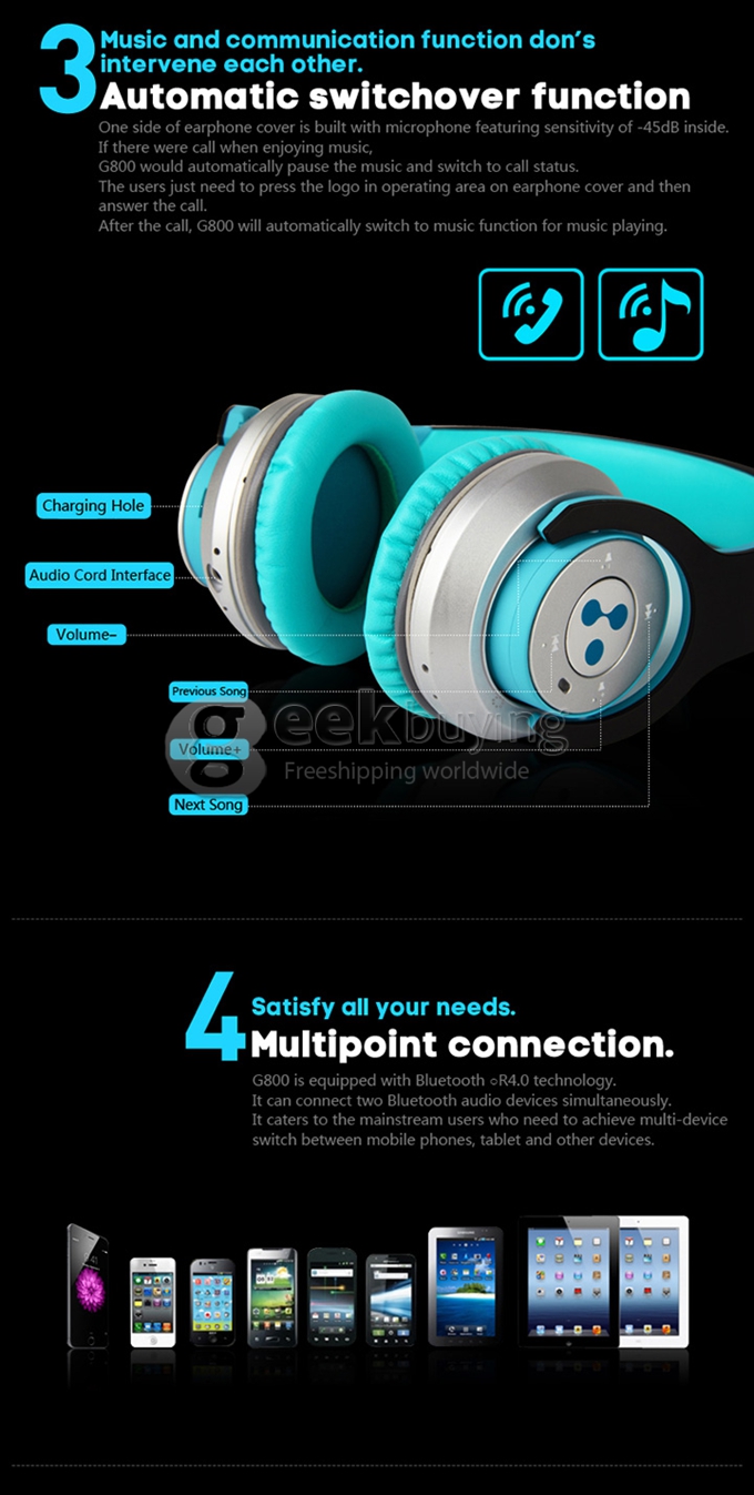 Syllable G800 HIFI Wireless Bluetooth 4.0 Headphones Noise Cancelling Deep Bass Built-in Mic/40mm Speaker - Blue
