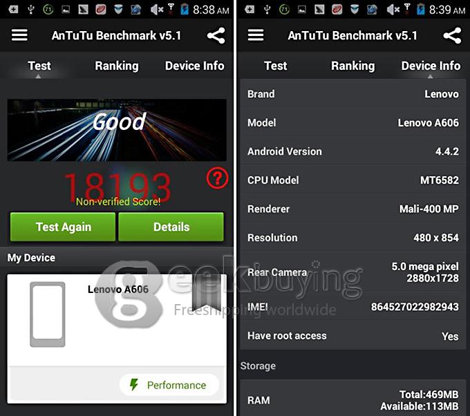 Lenovo A606 MTK6582 Quad Core 1.3GHz 5.0 Inch Smartphone Android 4.4 OS 512MB RAM 4GB ROM 5.0MP 4G LTE - Black