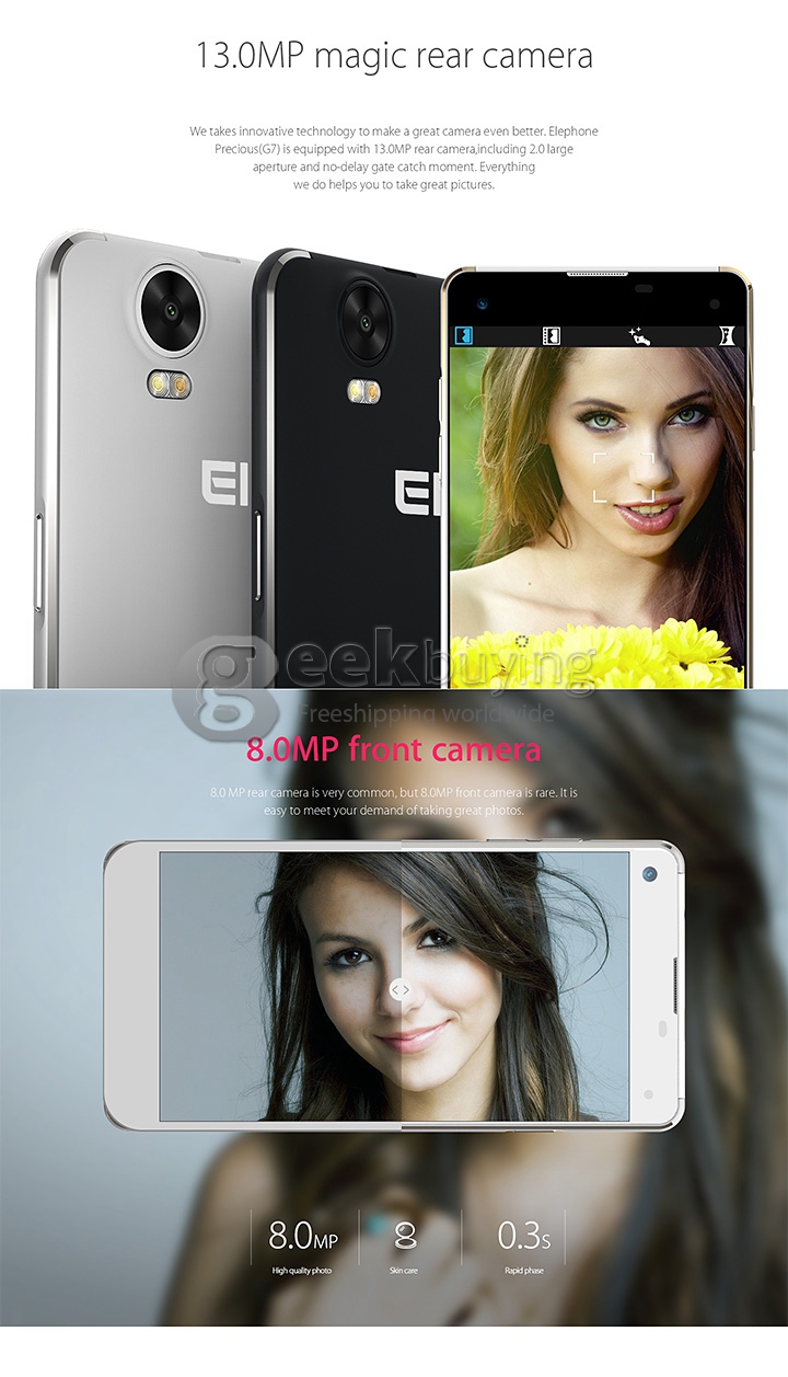 Elephone G7 5.5 Inch 1280*720 MTK6592M Octa Core 1.4GHz Smartphone Android 4.4 1GB 8GB 13.0MP 8.0MP IPS HD Screen-Gold