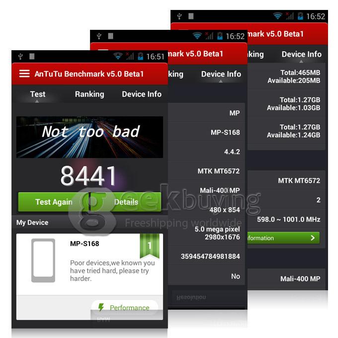 MPIE S168 5.0Inch Android 4.4 Smartphone FWVGA MTK6572 Dual Core 1.0GHz 512MB+4GB 3G GPS Dual Camera - Black