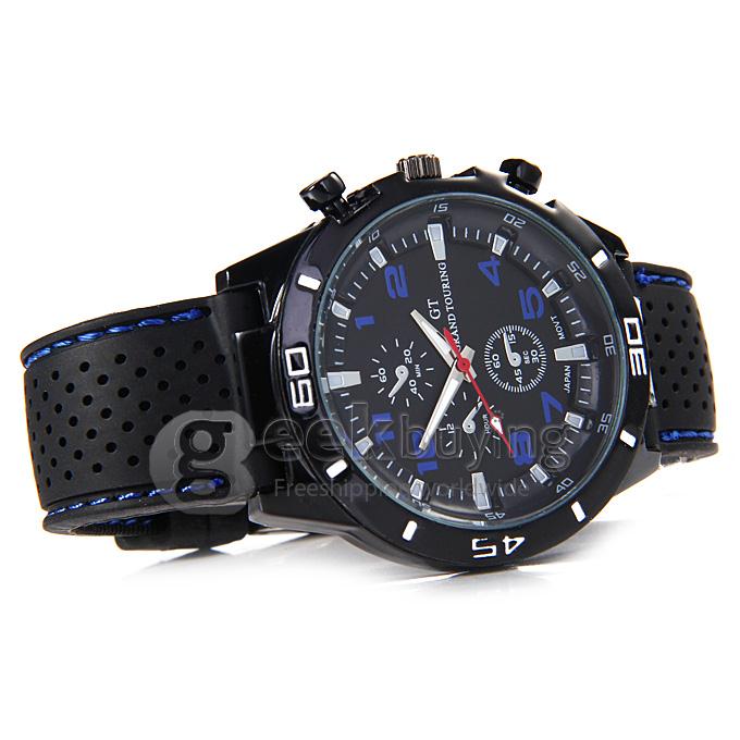GT W5373 Men's Fashion Round Dial PU Band Analog Japanese Quartz Wrist Watch - Dark Blue