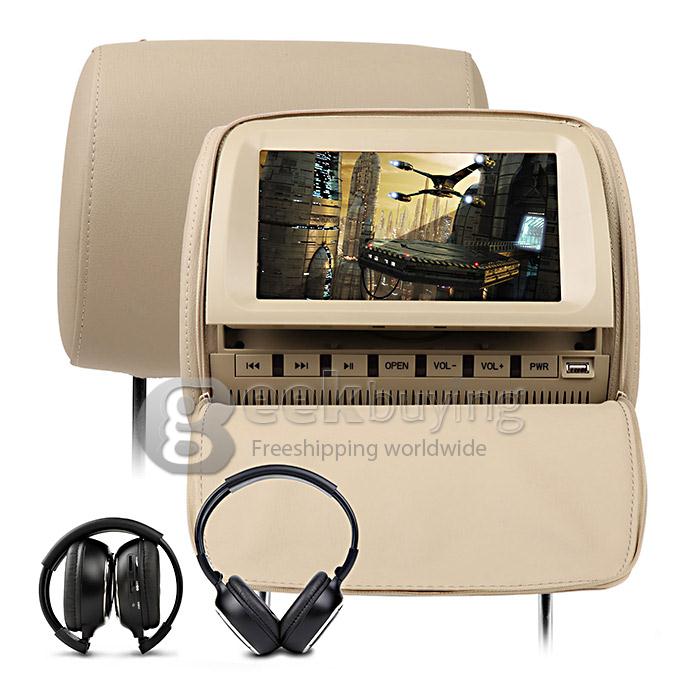 FZ999 9 inch HD Car DVD Game Player Car Headrest Monitor Pillow with USB SD 32 Bit Game FM +IR Headphones - Beige