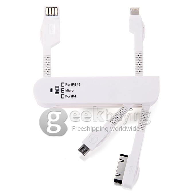 Portable 4 in 1 Foldable USB Data Sync / Charging Cable Adapter for iPhone 4/4S/5S/6 Plus - White