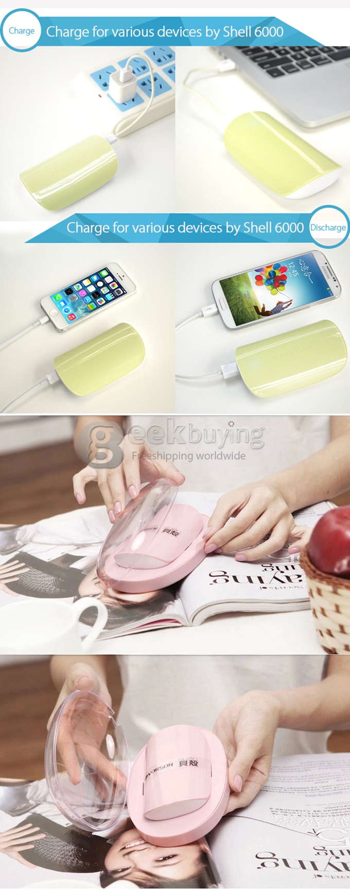 Vorson Shell Dual USB 6000mAh Power Bank External Battery 1.2A for iPhone iPad Smartphone Tablet - Cream Color