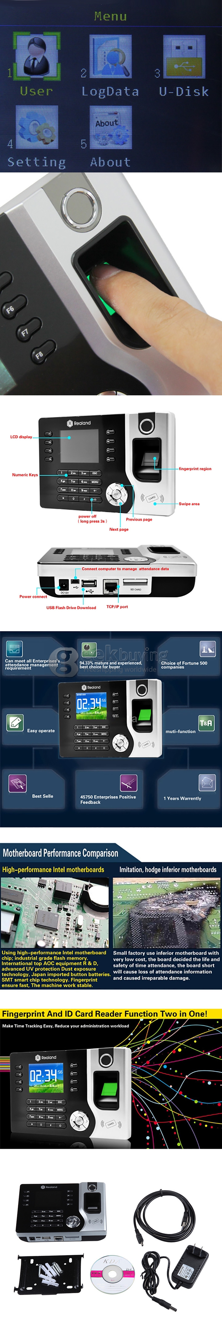 Biometric Fingerprint Attendance Time Clock + ID Card Reader + TCP/IP + USB