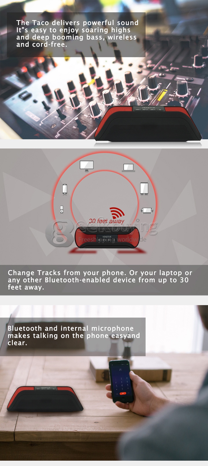 VENSTAR Taco Portable Wireless Outdoor Sport NFC Bluetooth V3.0 Speakers with 1400mAh Rechargeable Battery - Black
