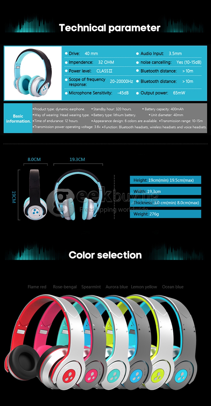 Syllable G800 HIFI Wireless Bluetooth 4.0 Headphones Noise Cancelling Deep Bass Built-in Mic/40mm Speaker - Blue
