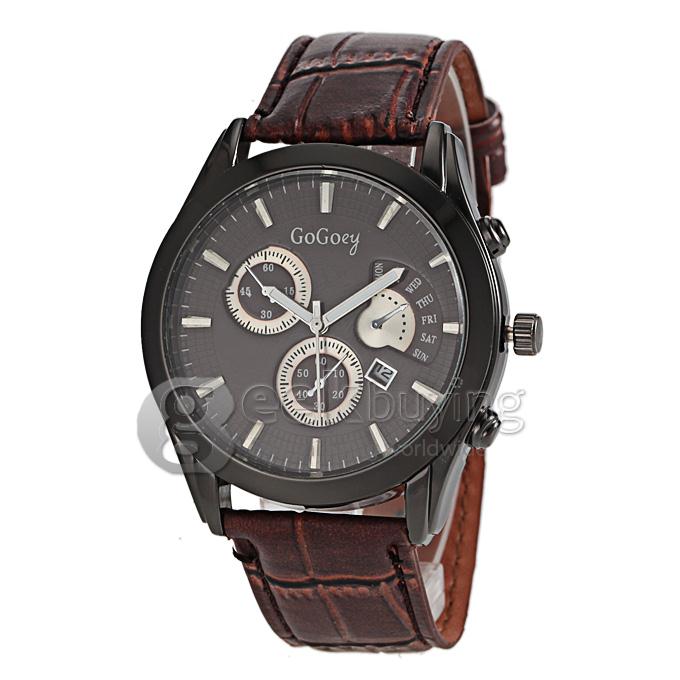 GOGO 1891 Men's Fashion Black Dial Brown Crocodile Leather Band Analog Quartz Watch