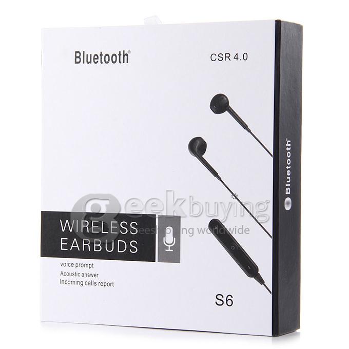 S6 Wireless Bluetooth 4.0 In-Ear Earphone Earbud Headset A2DP Voice Prompt for iPhone 6/5S/5/4 iPhone 6s - Black