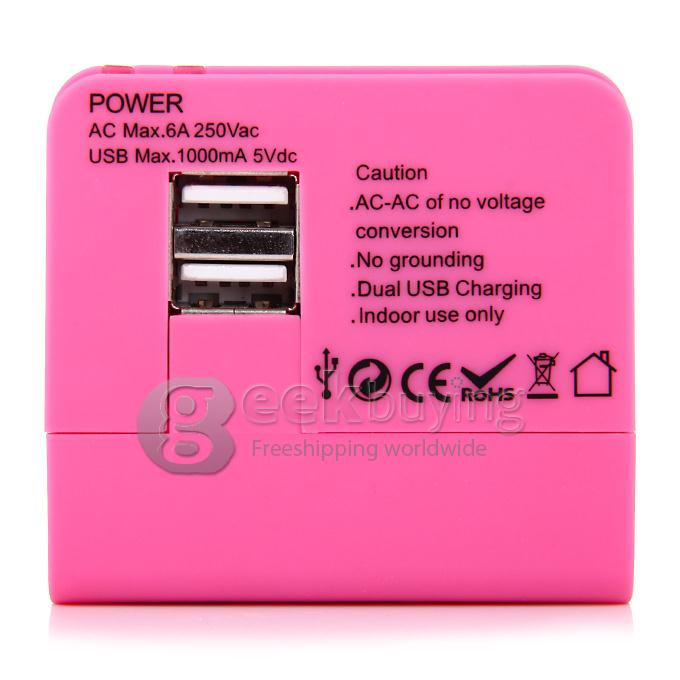 International 5 in 1 US EU AU UK Plug Travel Adapter Charger Socket with Dual USB Power - Pink