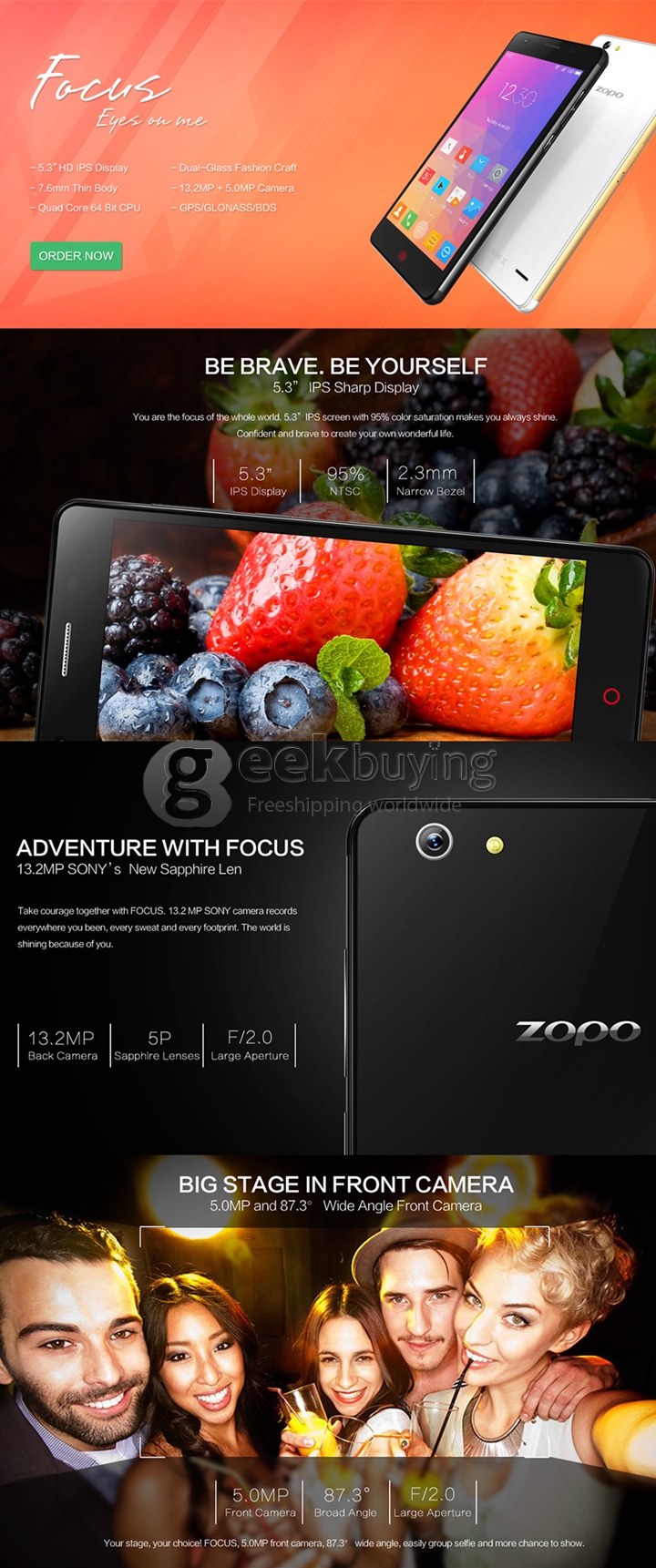 ZOPO Focus ZP720 5.3inch Android Phone IPS HD Screen 64-bit 4G LTE Smartphone MTK6732 Quad Core 1.5GHz 1GB 16GB 13.2MP - White