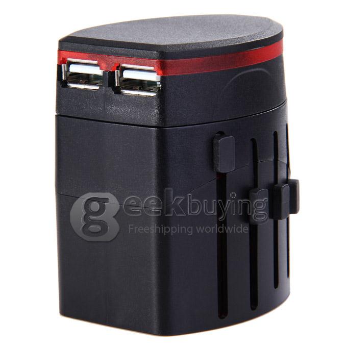 Universal Global Travel AC UK / EU / US / AU Plug Power Adapter Dual USB Conversion Socket - Black