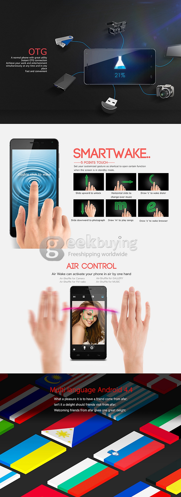 CUBOT S200 5.0inch IPS HD MTK6582 Quad Core 1.3GHz Smartphone Android 4.4 1GB 8GB 13.0MP 8.0MP Smart Wake 3G - Black