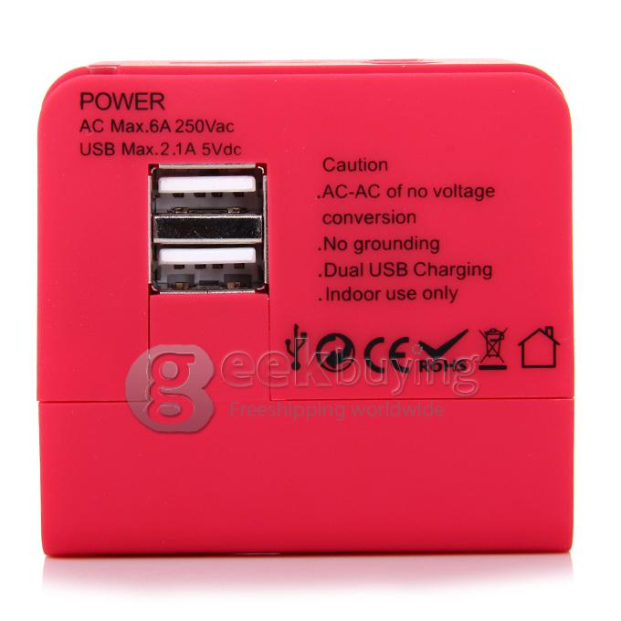 International 5 in 1 US EU AU UK Plug Travel Adapter Charger Socket with Dual USB Power - Rose Red